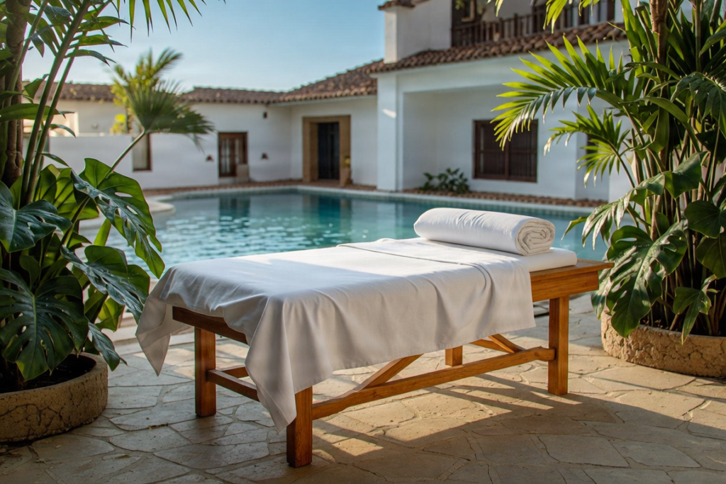 Een ontspannende massage in de buitenlucht bij een luxe villa in Spanje, omgeven door tropische planten.